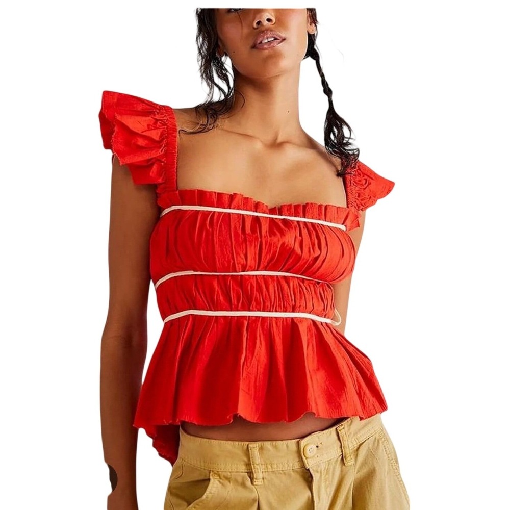 Free People Womens M Red Shirred Ruffle Strap Peplum Top Side Tie Cotton